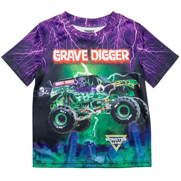 Camiseta Monster Jam Grave Digger púrpura/verde para niños de 10 a 12 años