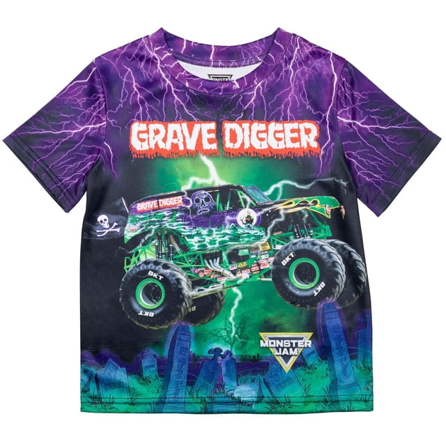 Camiseta Monster Jam Grave Digger púrpura/verde para niños de 10 a 12 años