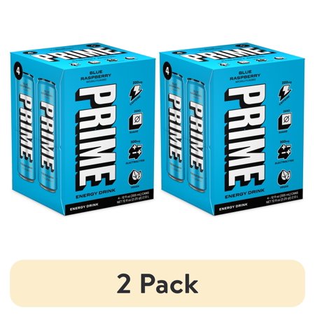(2 pack) Prime Sugar Free Energy Drink, Blue Raspberry, 12 fl oz, 4 Pack, Cans, 200mg Caffeine