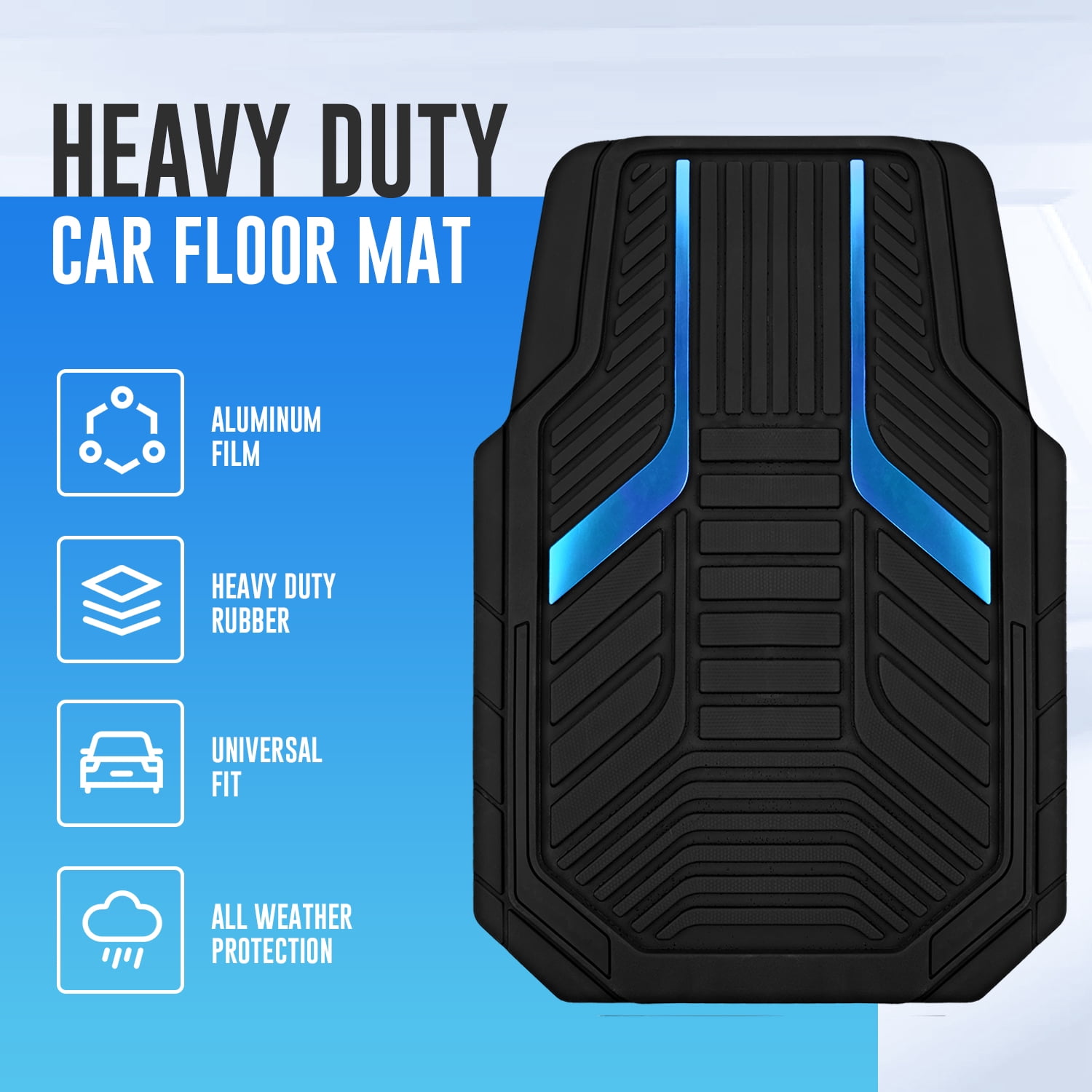 Road Comforts Heavy Duty Rubber Floor Mats Blue Aluminum Film Car Mats Set, Front and Rear Car Mats