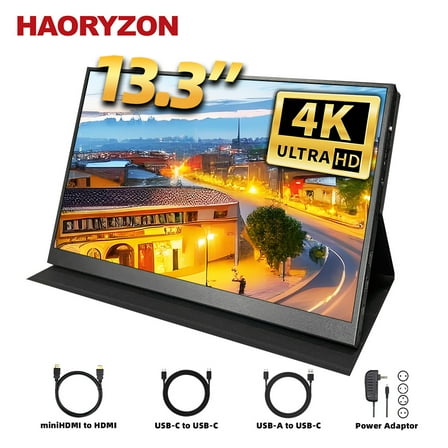 4K Portable Monitor 13.3" UHD IPS Laptop Wide Screen USB C HDMI Computer Gaming Display with Speakers Travel LCD Monitor for PC Phone PS5 4 Xbox Switch
