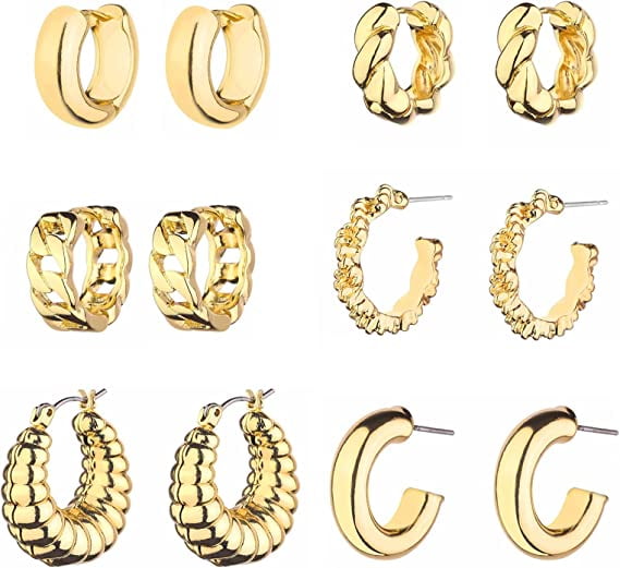 Wgoud 14K Gold Hoop Earrings for Women Hypoallergenic, 6 Pack Chunky Huggie Hoops Earring Set