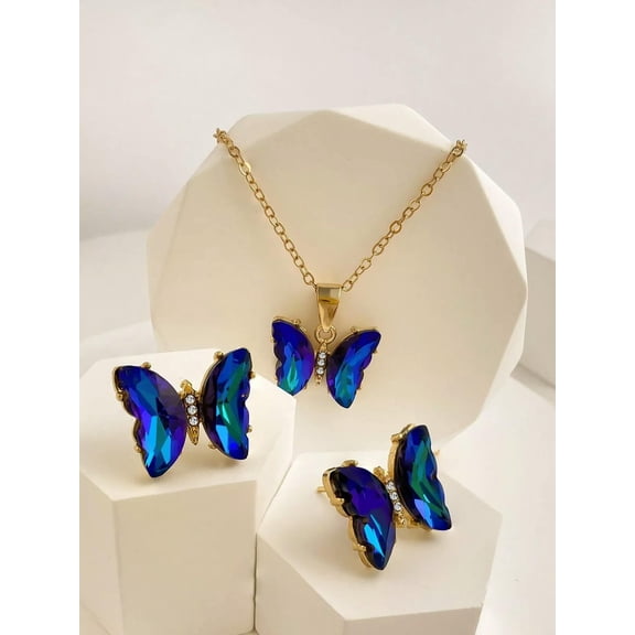 EOEMY 3Pcs/Set Blue Butterfly Decor Jewelry Set For Women Jewelry Set Jewelry Gift For-Default