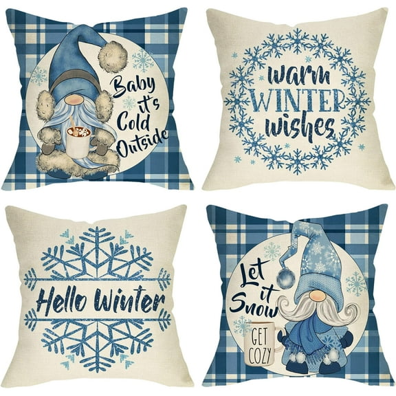 Hello Winter Warm Wishes Gnome Decorative Throw Pillow Cover Set of 4, Snowflake Hot Cocoa Baby It''s Cold Outside Cushion Case Decor, Buffalo Plaid Christmas Decoration for Sofa Couch 18 x 18