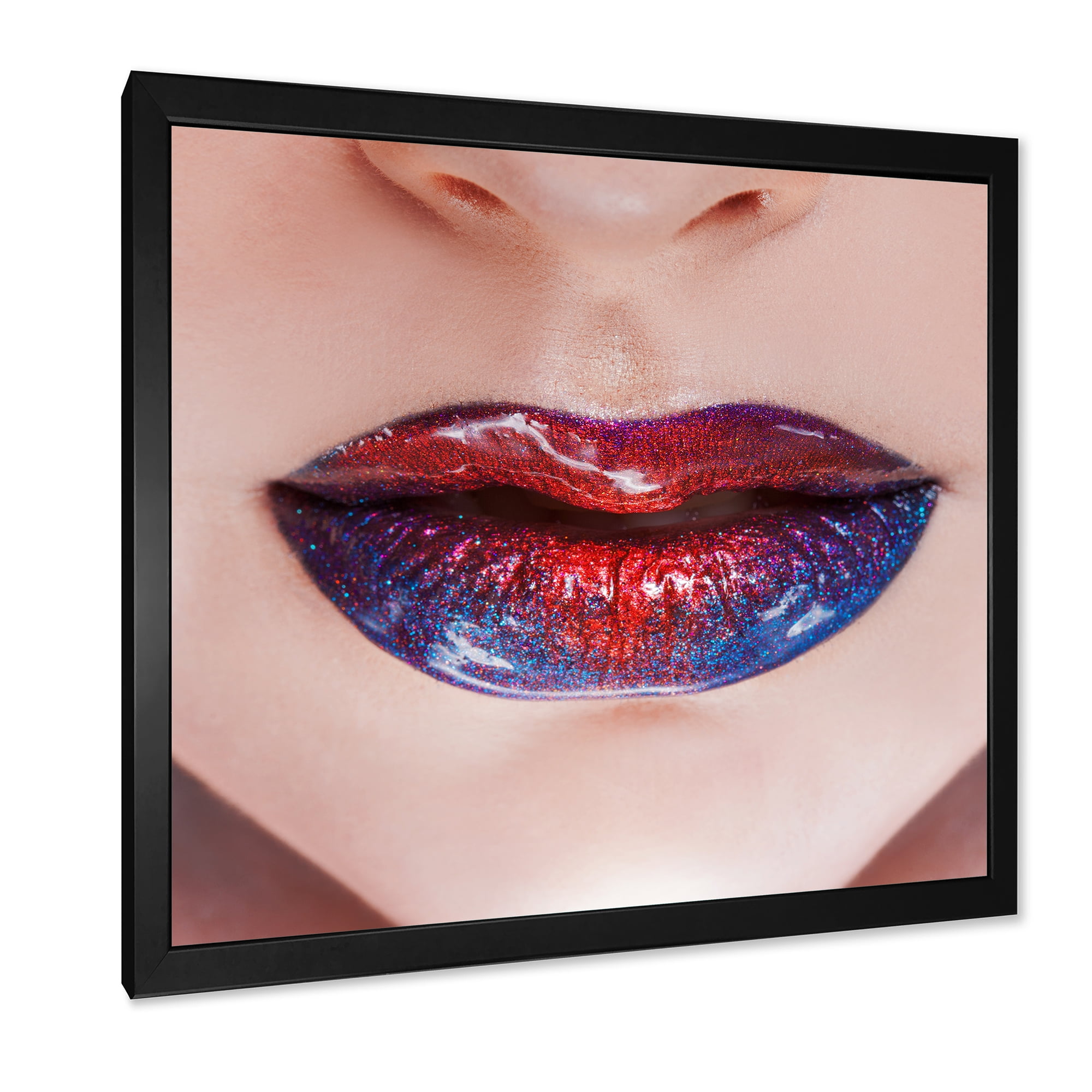 Designart 'Beautiful Women Lips With Red and Blue Lipstick' Modern Framed Art Print