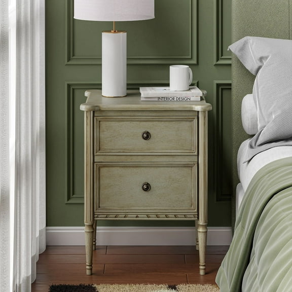 COZAYH Farmhouse 2 Drawer Nightstand with Hidden Drawer, Antique Green Finish, Solid Pine Wood with MDF Drawers, Almost Fully assembled