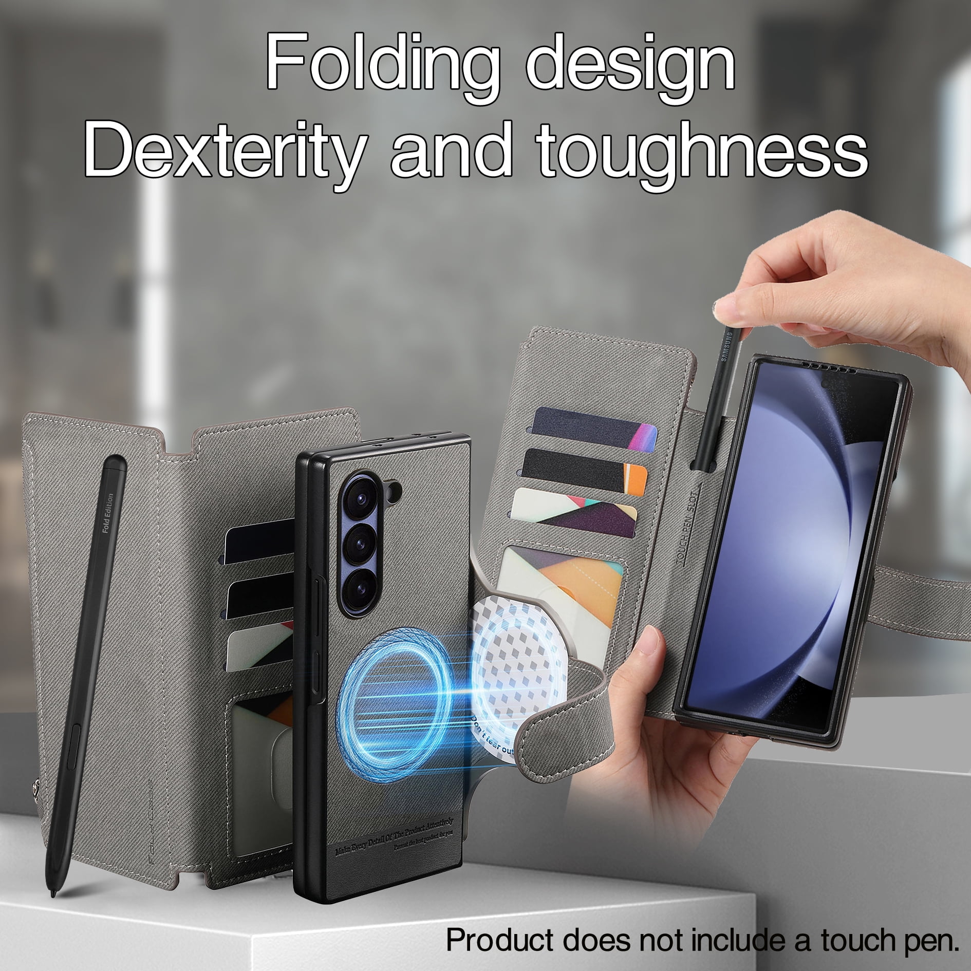 For Samsung Galaxy Z Fold 6 Phone Case,2-in-1 Magnetic Detachable Flip,Flip Folding Kickstand,With Card Slots,Zipper Pocket,Ring Holder,Fit Wireless charging,Shockproof Phone Case,Gray