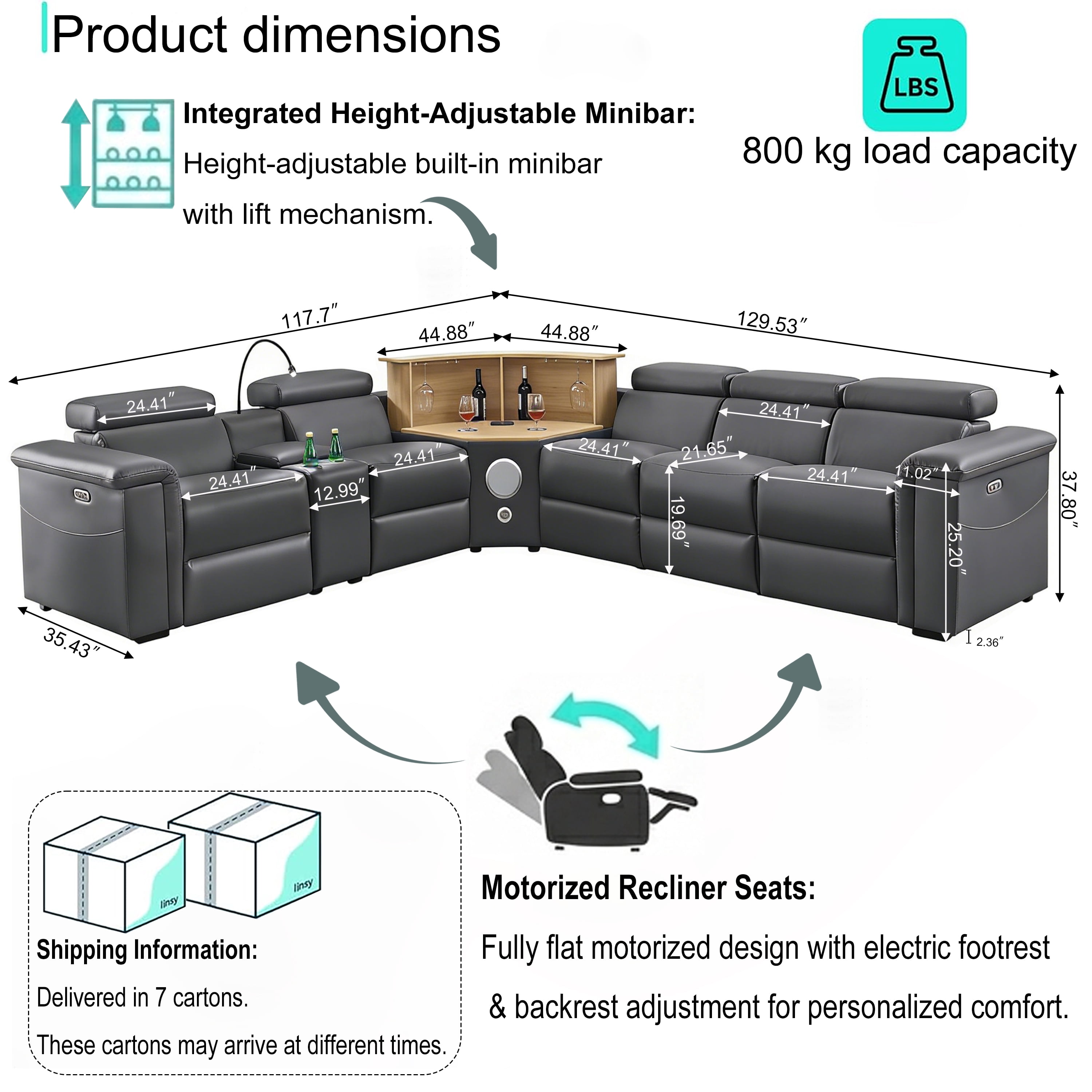 Gewnee 5-Seater Air Leather L-Shaped Sectional Power Recliner Sofa with Lift Cabinet Bluetooth Speakers LED Lights Dark Gray