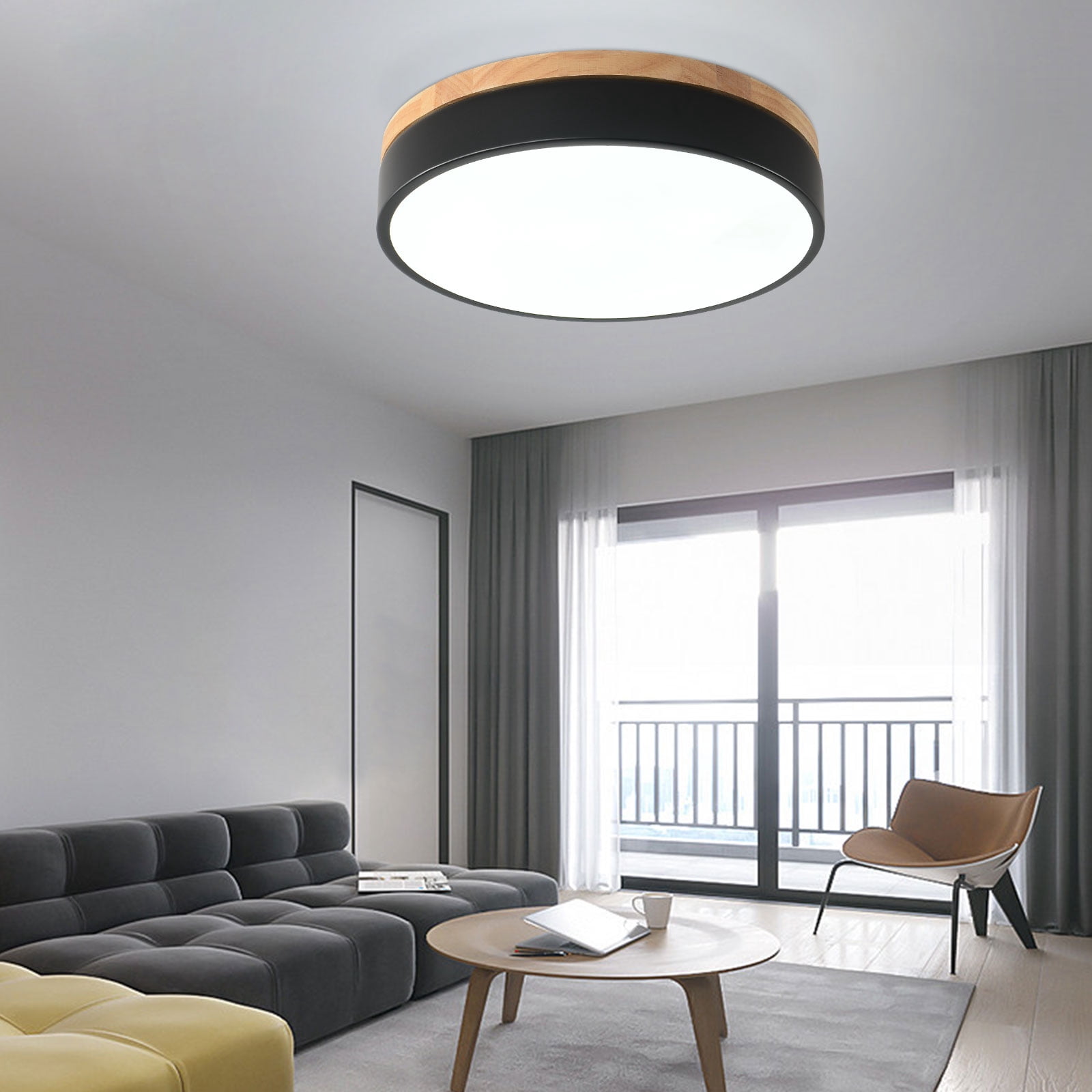 Farmhouse 12 inches Round Dimmable LED Flush Mount Light Bedroom Ceiling Light Wood Base 3 Lighting Colors