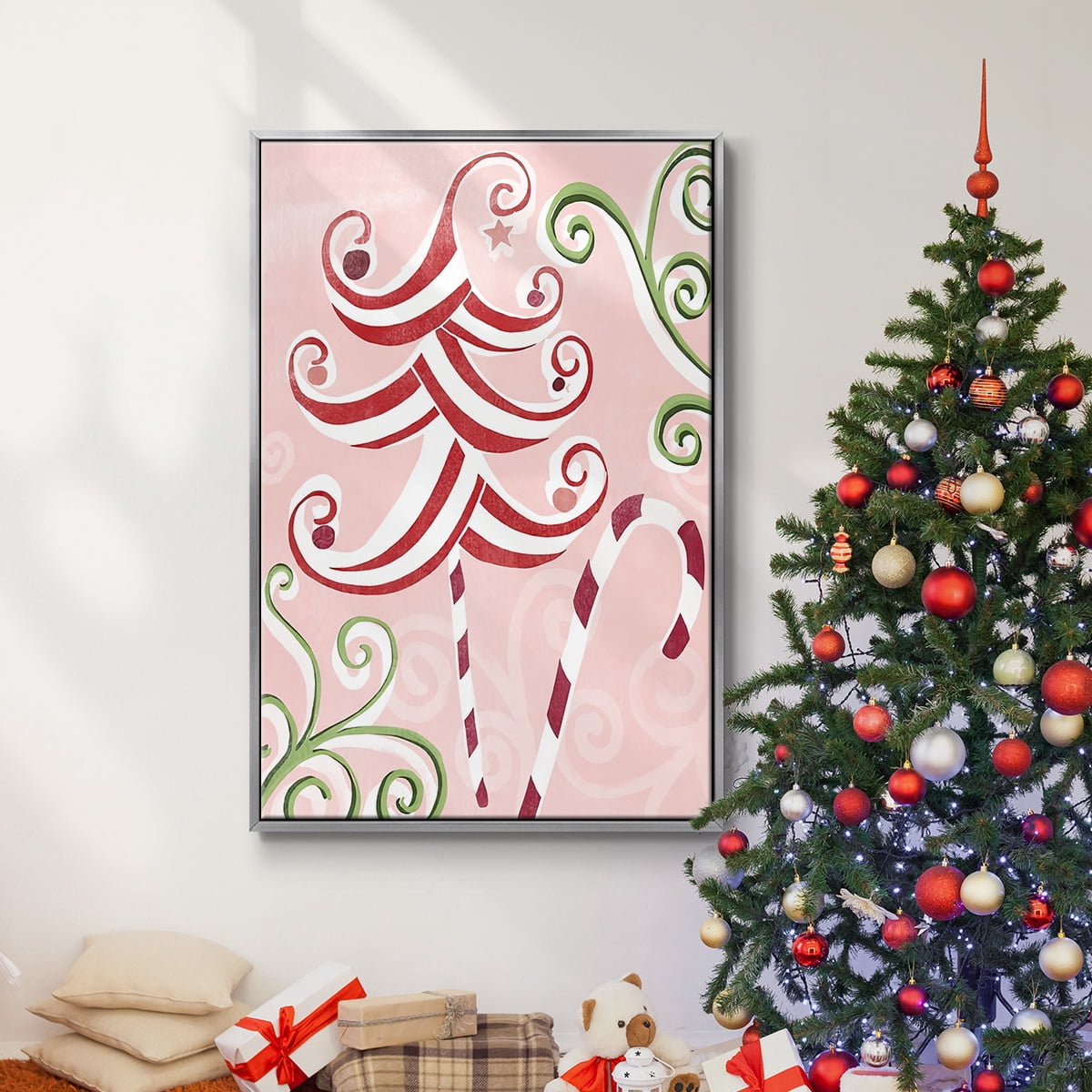 Candy Cane Holiday I - Framed Gallery Wrapped Holiday Canvas - 25 x 37 - Silver Frame