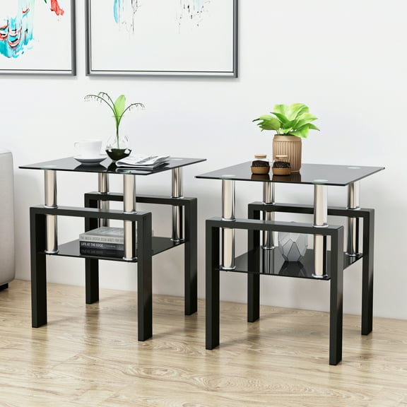 Modern Square Tempered Glass End Table, Ideal for Living Room, Elegant Transparent & Black