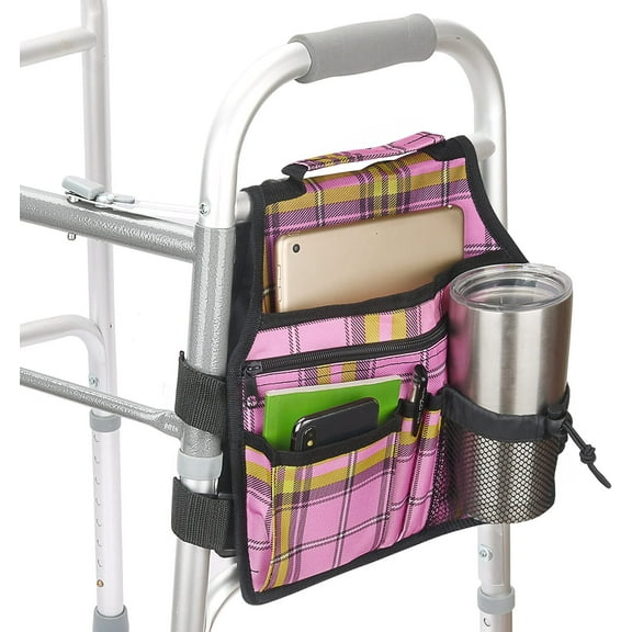 Side Walker Bags - Walker Organizer Pouch for Rollator & Folding Walkers - Elderly, Seniors, Handicap, Disabled (Double Sided) (Plaid Pink)
