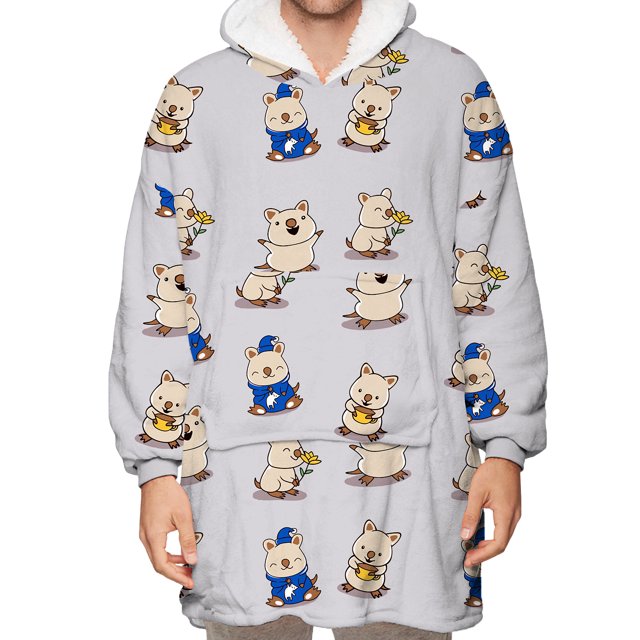 TheFound Blanket Hoodie Cartoon Animal Print Sherpa Lining Hooded Sweatshirt
