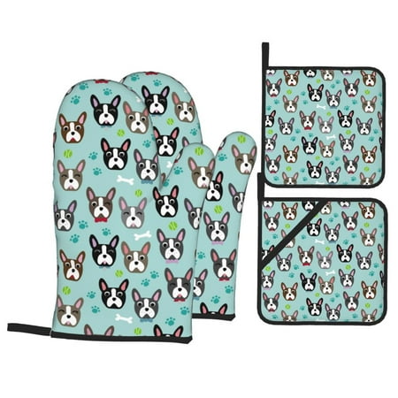 

Oven Mitts and Pot Holders Sets 4 pcs Boston Terrier paw green cute Non-Slip Oven Gloves Potholders Soft Quilted Lining Heat Resistant Gloves Hot Pads for Kitchen Cooking Baking