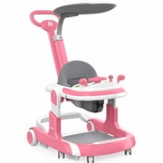 YUCHANG 4 in 1 Baby Walker with Wheels,Push Walker With Music Activity,Foldable and Height Adjustable,Pink