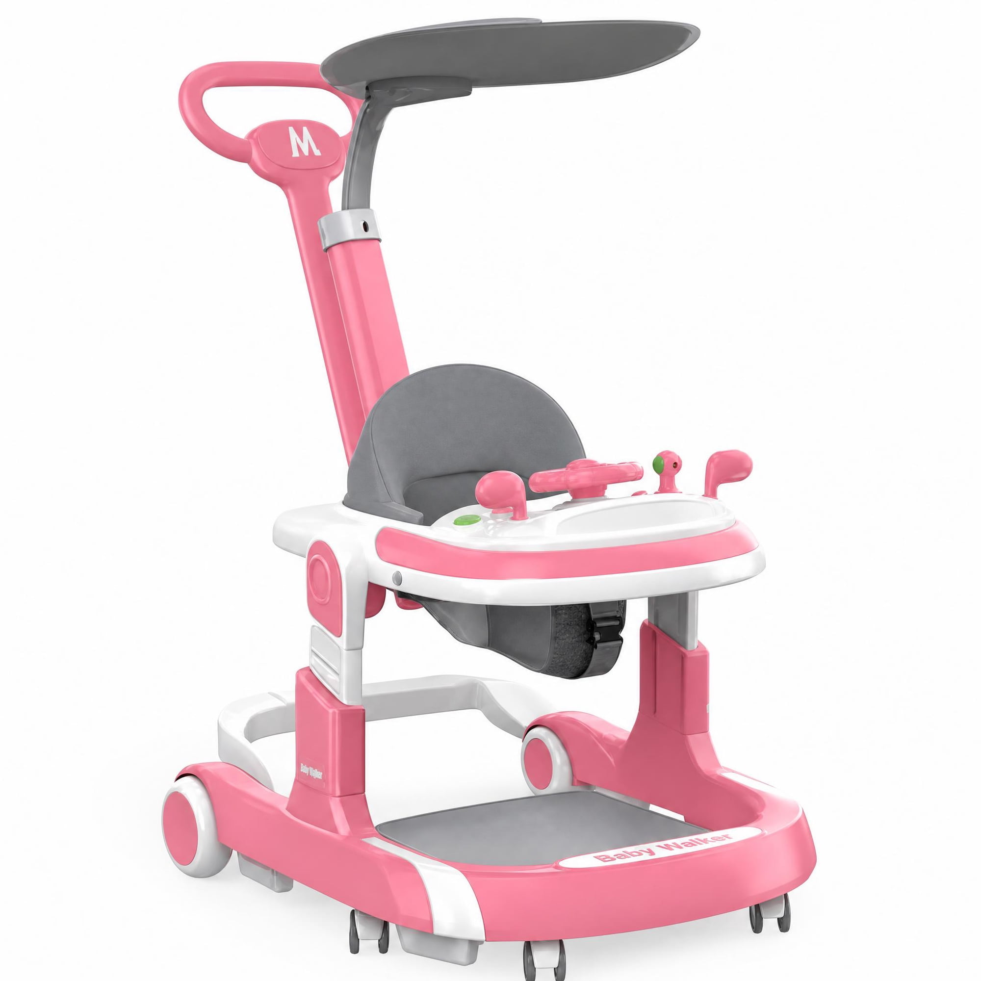 YUCHANG 4 in 1 Baby Walker with Wheels,Push Walker With Music Activity,Foldable and Height Adjustable,Pink