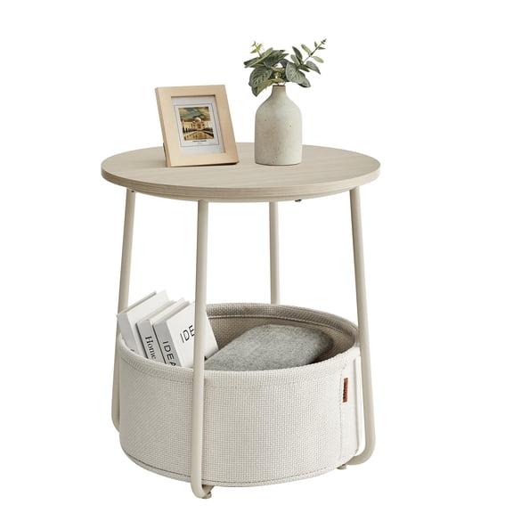 Nordic Hygge 17.7 in. Round Side Table with Fabric Storage Basket, Cream White