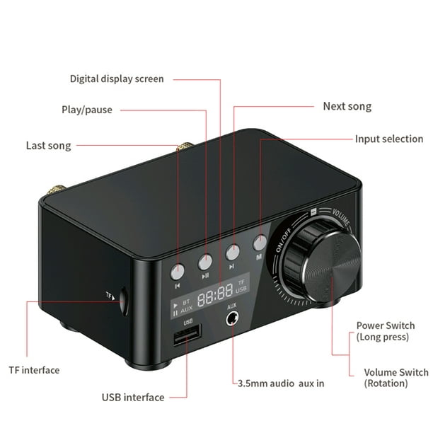 Black 100W + 100W Bluetooth 5.0 amplificateur numérique sans fil Audio  classe D Hifi stéréo récepteur puissance ampli USB AUX voiture son Mini  ampli