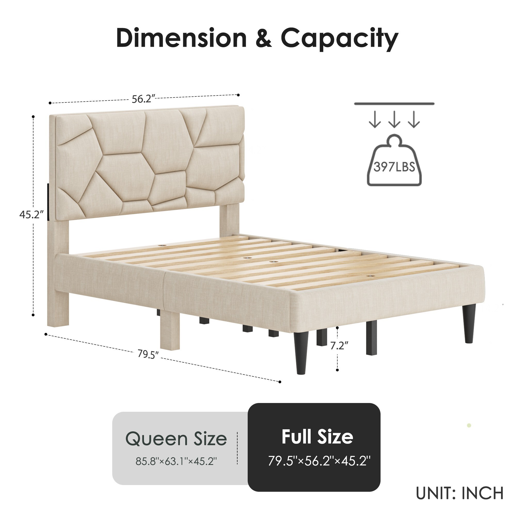 AENKYO Full Size Upholstered Platform Bed Frame with Linen Headboard, Sturdy Support, No Box Spring Needed, Beige