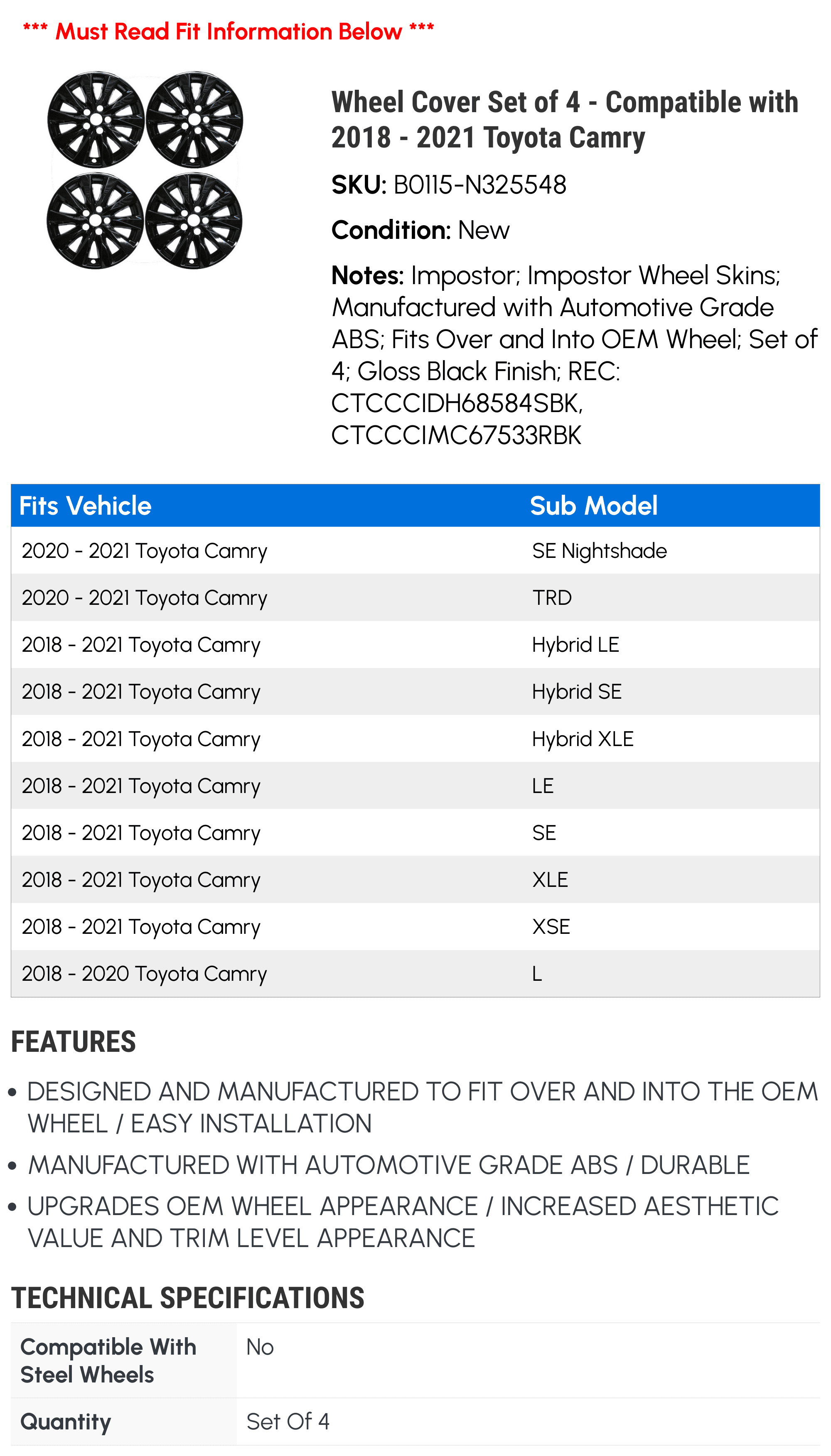 CCI "Wheel Covers" Automotive Grade ABS Gloss Black fits Toyota Camry 2018 - 2021, 4 Pack