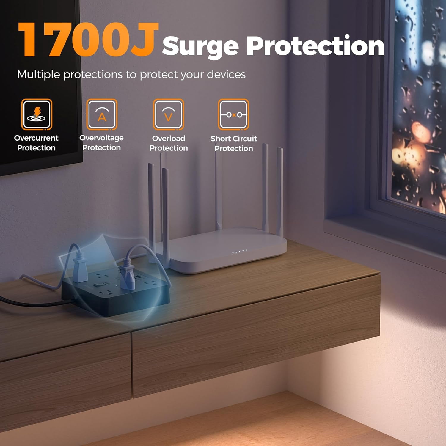 5FT Flat Plug Extension Cord, Surge Protector Power Strip with 6 Outlets and 3 USB(1 USB C), 1700J Protection Multiple Outlets Charging Station