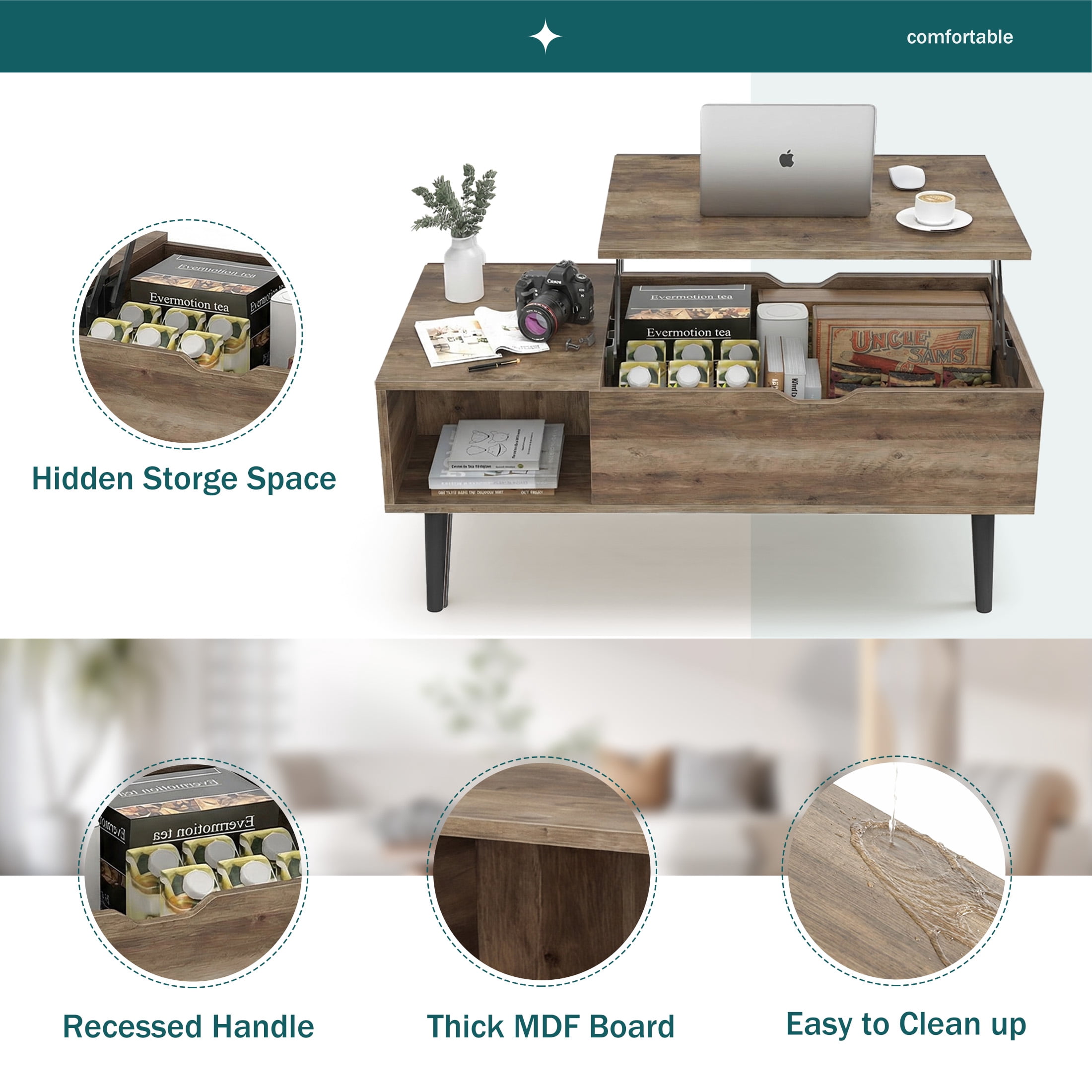 edx Adjustable Height Wooden Coffee Table with Hidden Compartments and Shelves - Perfect for Small Homes, Apartments, Reception Rooms, Wood Grain