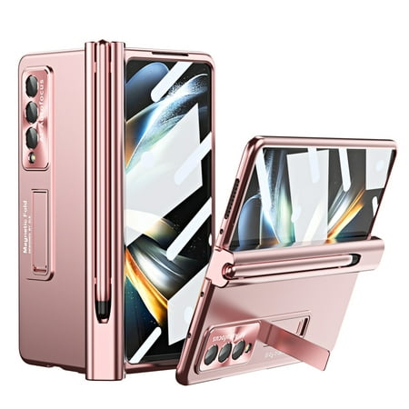ELEHOLD Samsung Galaxy Z Fold 3 Luxury Rugged Case Hinge Folding All-inclusive with Hidden Kickstand Built-in Screen Protector Lens Protection Pen Slot S Pen Fold Edition for Z Fold 3 Case,Rosegold
