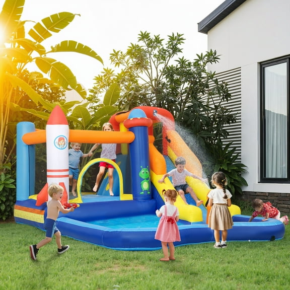 Qaba Inflatable Bounce House, Kids Water Slide with Splash Pool, Trampoline, Climbing Wall, Cannon, 5 in 1 Kids Outdoor Fun with 550W Blower