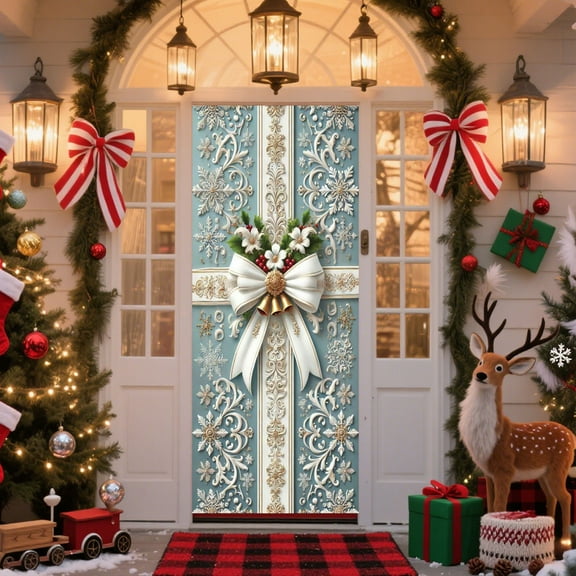 Aooww Merry Christmas Door Cover 35x71 Christmas Gift Box Present Hanging Banner Decoration Winter Holiday Bow Window Door Cover Red and Gold Stripes Ornaments New Year Party Home Wall Outdoor ​, D
