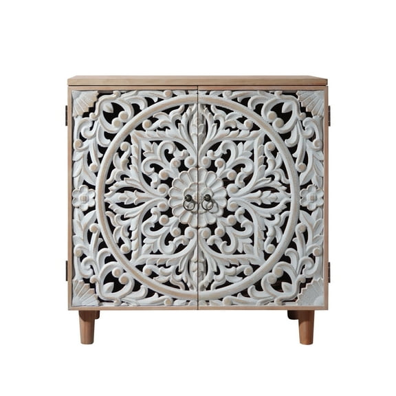 VELOVE Wood Distressed Double Door Cabinet with Carvings,Natural
