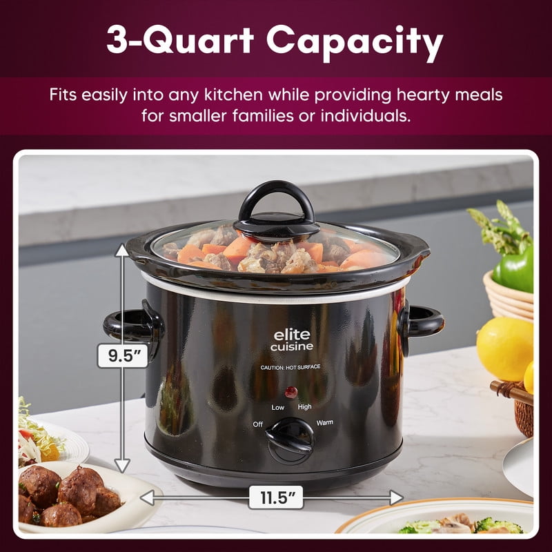 Elite Cuisine MST350 3 Qt Slow Cooker with Adjustable Settings and Keep Warm