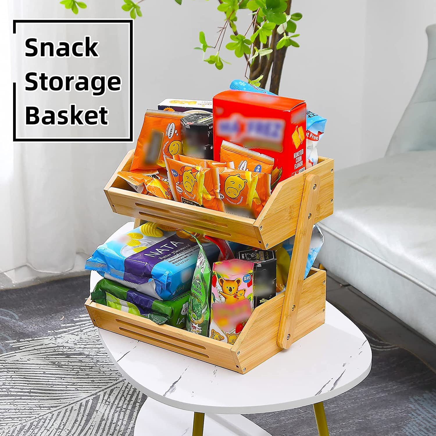 UPTRUST Fruit Basket, 2 Tier Bamboo Fruit Bowl for Kitchen Counter, 11" Tall Produce Storage Stand for Vegetables and Snack, 15 mm Thickness (Self-Assembly)