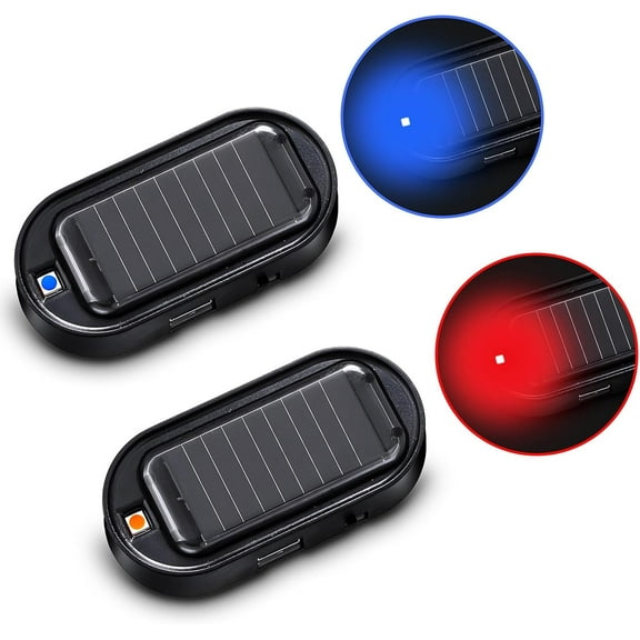 2Pcs Upgraded Car Solar Power Simulated [Enhanced Brightness & Clarity] Fake Car AlarmLED Light - Theft Flashing Security Light with USB Charger Port, Blue Light  Red Light