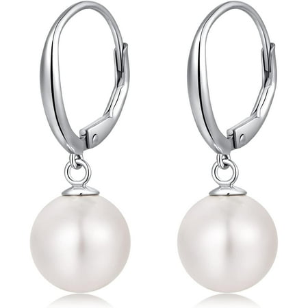 Pearl Diamond Earrings for Women Dangle Drop Earrings 925 Sterling Silver Pearl Lever Back Drop Earrings Pearl Silver Earrings for Women Come with Gift Box[h7761]