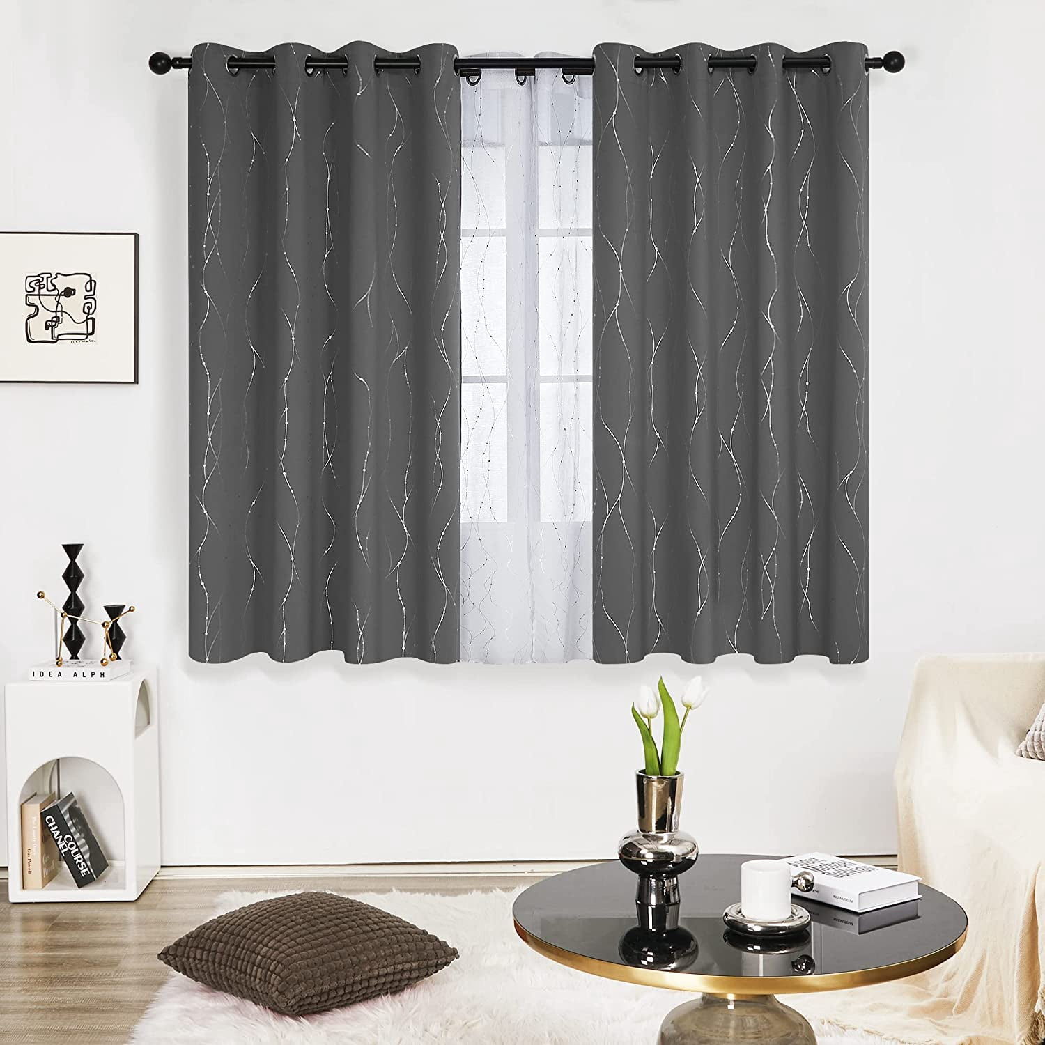 Bailu Grey Blackout Grommet Curtains for Bedroom and Living Room, 63 Inch Long - Thermal Insulated Window Curtains, Dots Pattern (52 x 63 Inch, Dark Grey, 1 Panels), W52 X L63