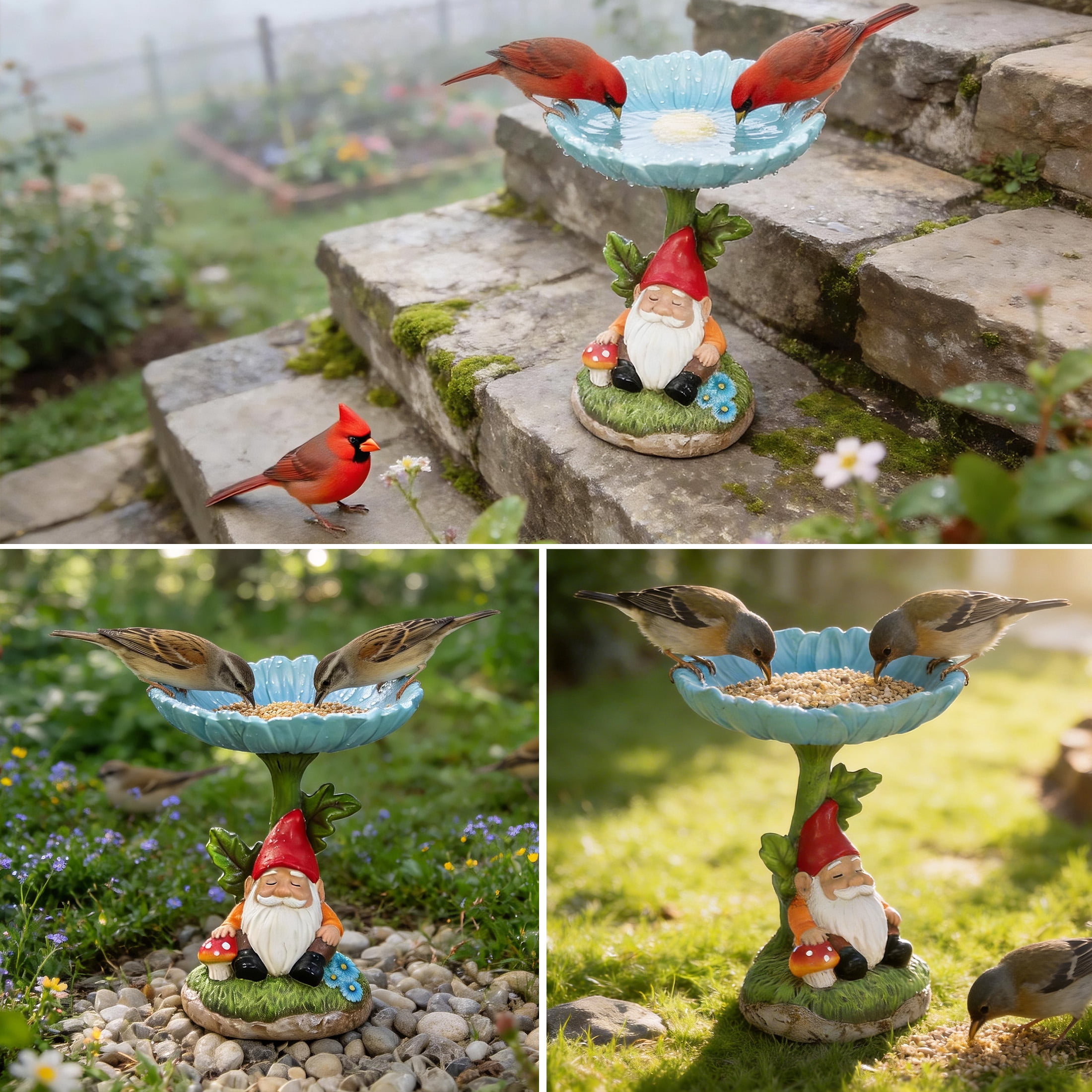 The Growing Ground Daisy Gnome Bird Feeder, Resin Garden Statue with Flower Bowl for Outdoor Patio Decor, Teal