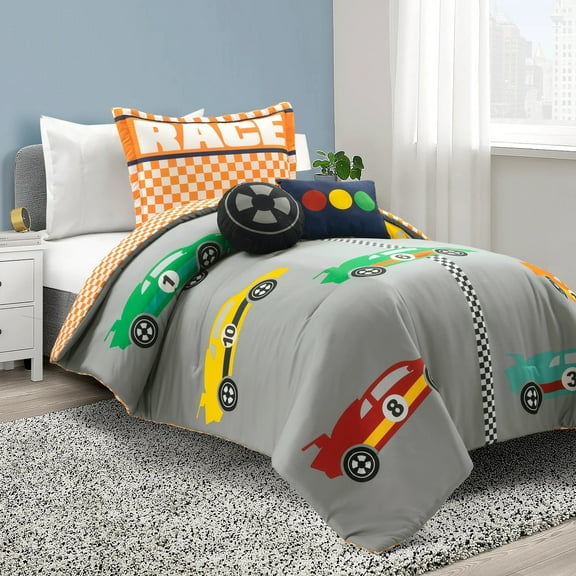 Lush Decor Racing Cars Reversible Oversized Comforter Gray/Orange 4Pc Set Twin