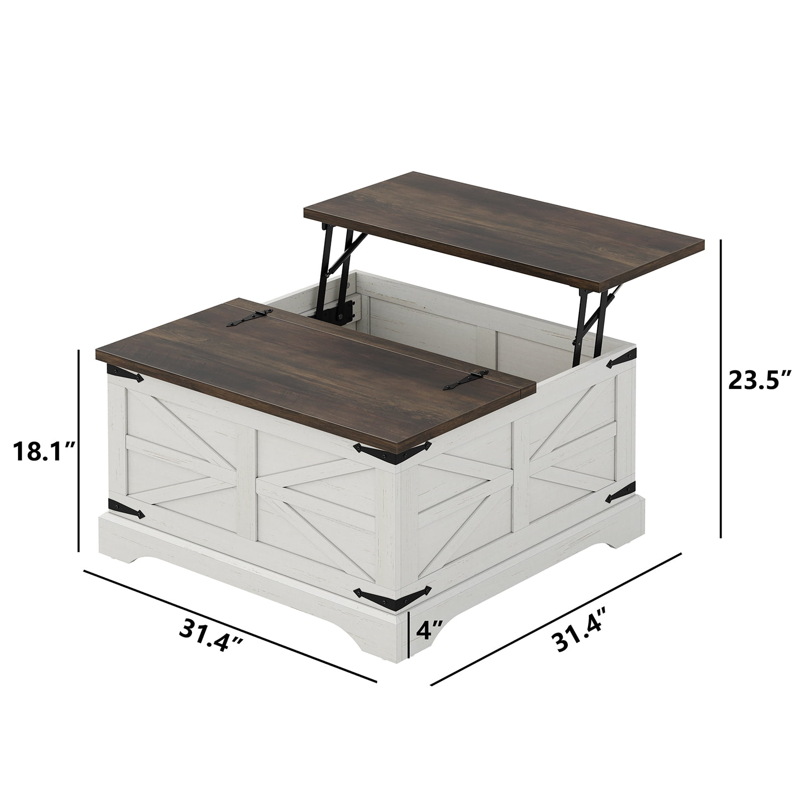 Furnihold Farmhouse Lift Top Coffee Table, Square Wood Center Table with Large Hidden Storage Compartment for Living Room, Rustic Cocktail White Modern Table with Hinged Lift Top, Brown Top