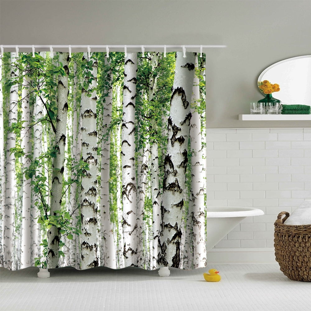 Forest Fabric Shower Curtain with 12 Hooks Greenery Green Leaves Silver