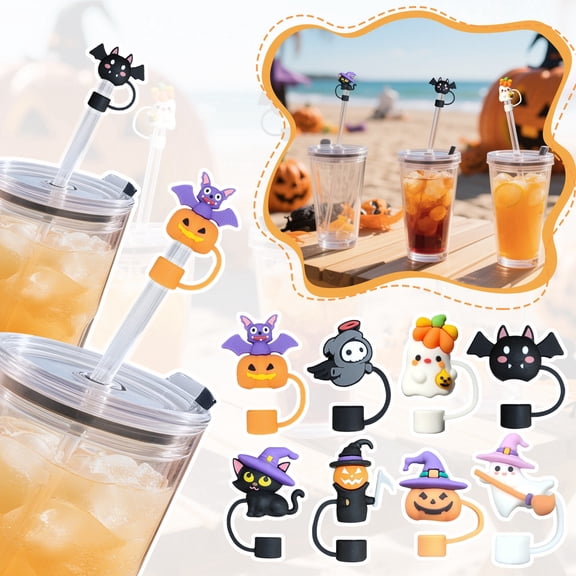 8 Pack Halloween Straw Covers Reusable 10Mm Silicone Straw Toppers Pumpkin Ghost Drinking Straw Caps Halloween Party Favors