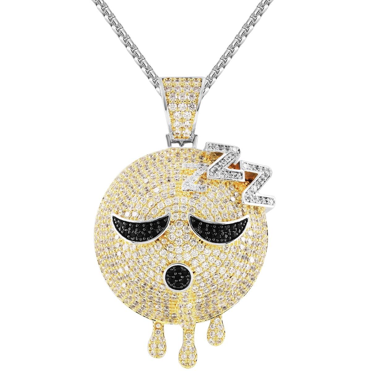 Men's Silver Sleepy Head Dripping Emoji Face Custom Pendant 24" Chain