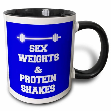 3dRose Sex weights and protein shakes on blue background - Two Tone Black Mug,