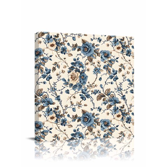 Vintage Floral Canvas Wall Art, Beige Blue Brown Flowers Rustic Farmhouse Framed Wall Decor Modern Artwork Prints Painting for Living Room, Bedroom, Kitchen & Cafe Decor 12x12 Inch