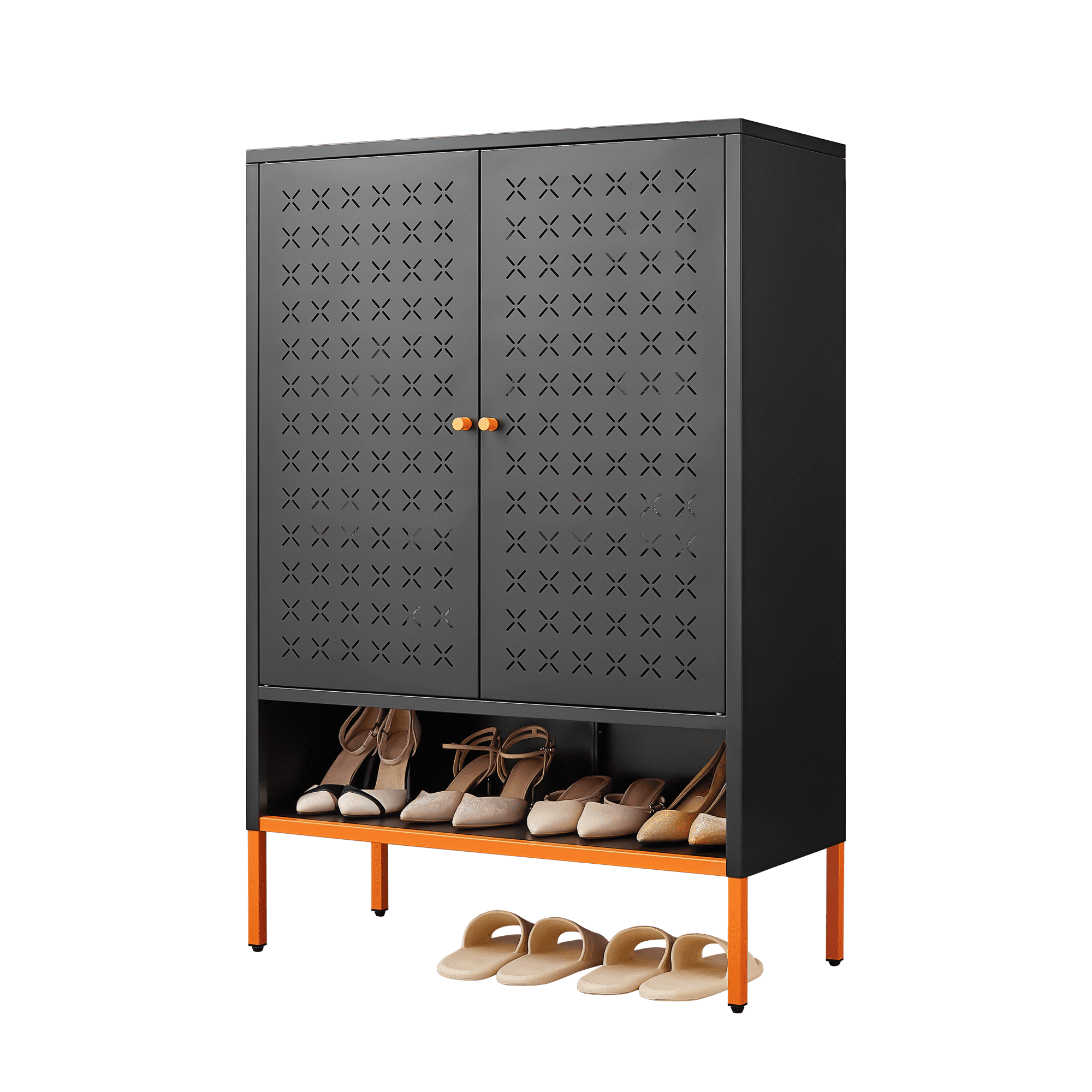 Grid Double Door Shoe Cabinet, 3 Layer Adjustable Compartments for Flexible Storage, Hollow Shoe 15cm Moisture-proof high Foot Design