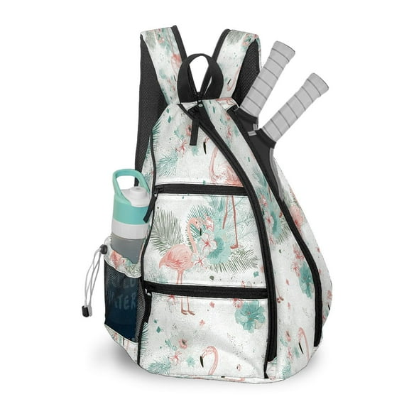 Pickleball Bag with Padded Back, White FlamingoFlower Multi-Compartment Paddle Backpack, Lightweight Nylon Sports Bag for Men & Women
