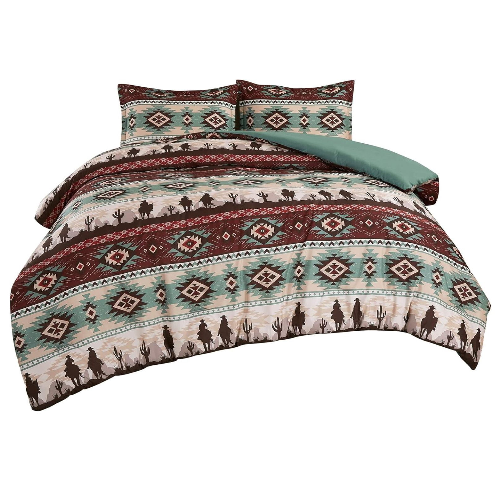 KeLiang Audun 3-Piece Southwestern Aztec Comforter Set - Multicolor Teal Brown Beige Tan Red Printed Washed Microfiber Bedding, Queen Size