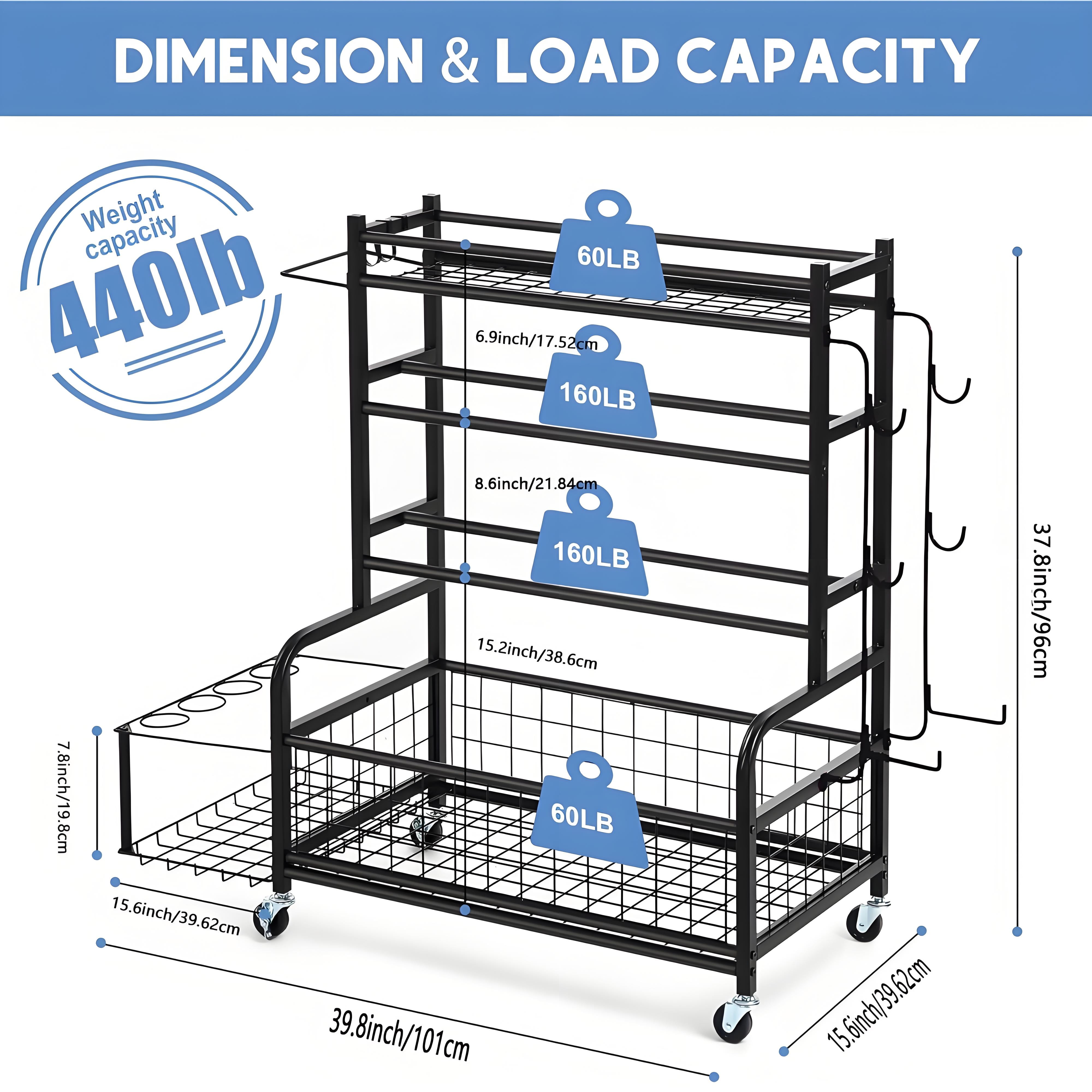 Weight Rack,Blacksmith 4-Layers Extra Large Heavy Duty Dumbbell Rack,Sports Equipment Organizer with Wheels and Hooks,Black