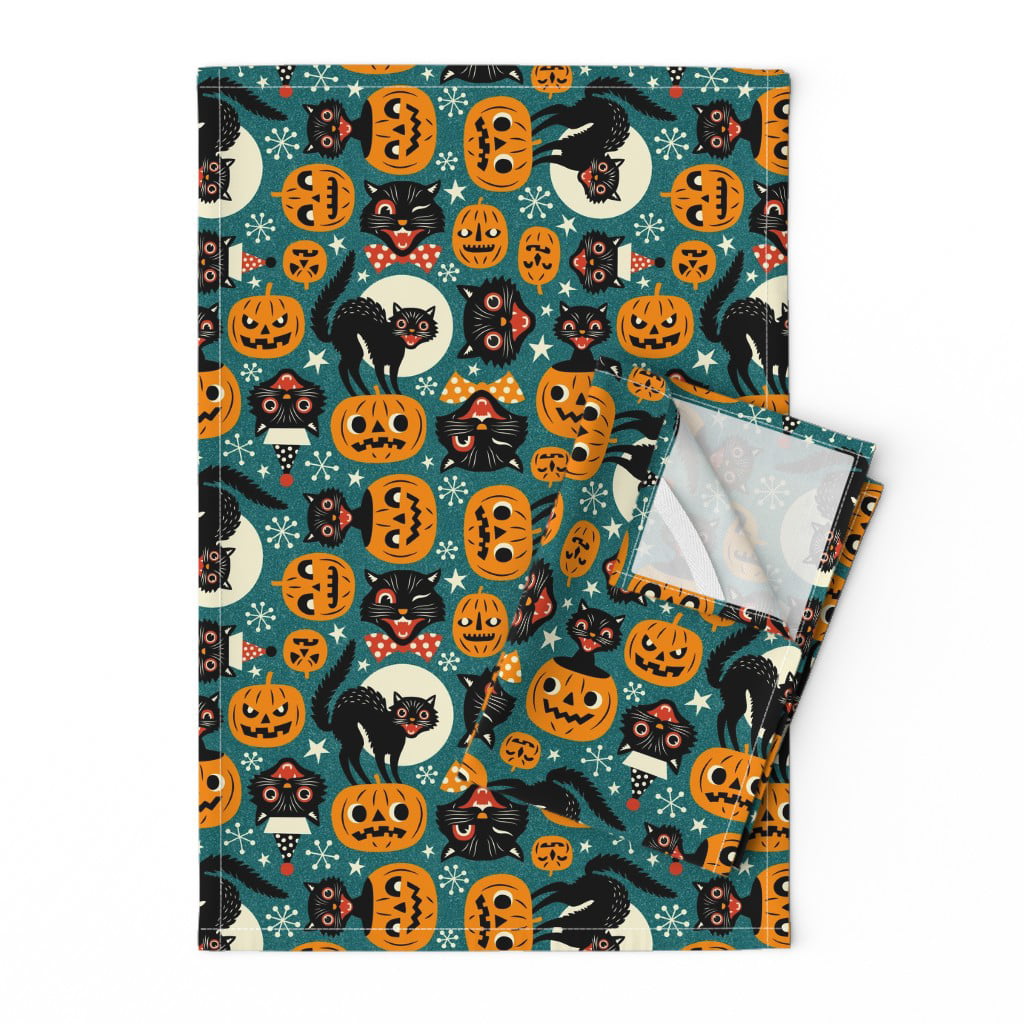 Halloween Cards Cute Pumpkins Witch Linen Cotton Tea Towels by Roostery Set of 2 