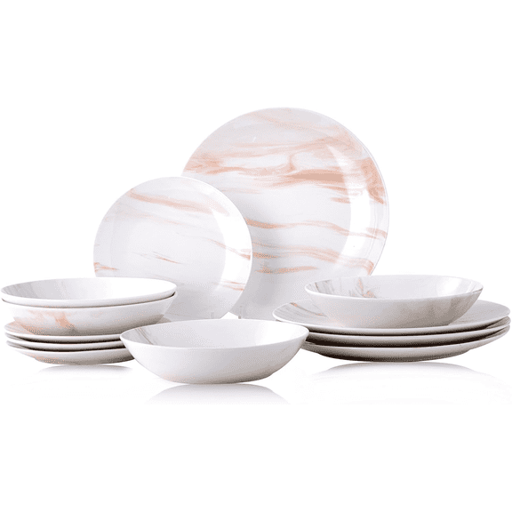 12 Piece Dinnerware Set ，Chip Resistant, Dinnerware Sets, Plates, Dishes, Bowls, Service for 4, Orange And White