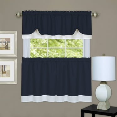 Navy/White Solid Window Curtain Double Layer 36" x 58" Tier Pair & Valance Set